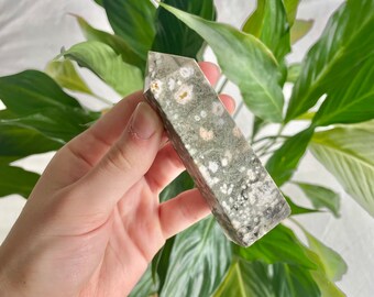 May include: A green and white speckled crystal point, also known as a green aventurine point, is held in a hand. The crystal is a natural stone with a rough, textured surface.