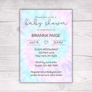 Invitación para baby shower con efecto tie-dye en rosa y azul (imprimible y editable)