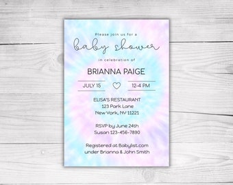 May include: A baby shower invitation with a tie-dye background in shades of blue and pink. The invitation says "Please join us for a baby shower in celebration of Brianna Paige" and includes the date and time of the event, the location, and RSVP information.