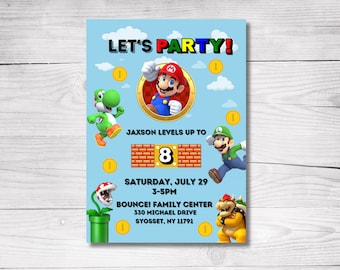 May include: A blue and white invitation with a Mario theme. It says "Let's Party!" and features Mario, Luigi, Yoshi, and Bowser. The invitation is for Jaxson's 8th birthday party. The party will be held on Saturday, July 29th from 3-5pm at Bounce! Family Center, 330 Michael Drive, Syosset, NY 11791.
