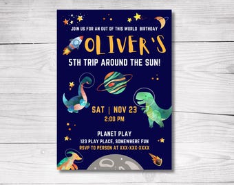 May include: A blue and gold space-themed birthday invitation for Oliver's 5th birthday party. The invitation features a rocket, dinosaurs, stars, and planets. The text reads "Join us for an out of this world birthday Oliver's 5th trip around the sun! Sat | Nov 23 2:00 PM Planet Play 123 Play Place, Somewhere Fun RSVP to person at XXX-XXX-XXXX"