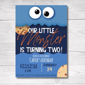 Cookie Monster 2nd Birthday Invitation, Our Little Monster Is Turning 2, Editable Birthday Invitation
