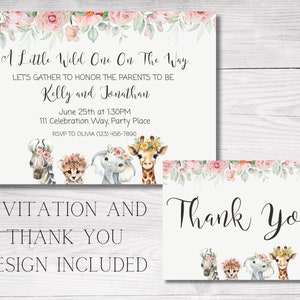 Un pequeño salvaje está en camino invitación de baby shower y tarjeta de agradecimiento, animales de bebé con corona de flores, safari, descarga digital, personalizable