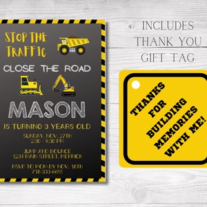 Construction Theme Birthday Party Invitation With Tag, Customizable Digital Download Invite, Trucks, Construction Vehicles, Instant Download