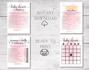 以下が含まれることがあります： 印刷可能なベビーシャワーゲーム4種類：「Feud」、「The Price is Right」、「Mommy or Daddy Guess Who」、ビンゴカード。 各ゲームにはピンクの水彩画の背景と雪の結晶のアクセントがあります。「インスタントダウンロード」と「印刷可能」も表示されています。