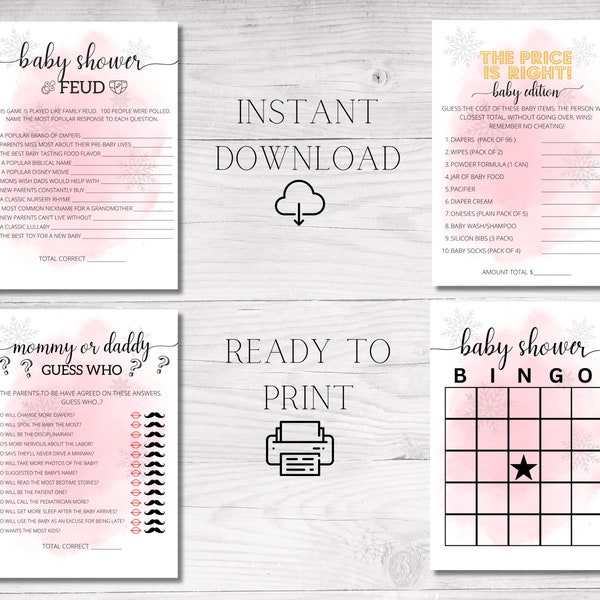 Pink Winter Baby It's Cold Outside Baby Shower Games, Baby BINGO, The Price Is Right, Baby Edition Games, Fun Group Games, Winter wonderland