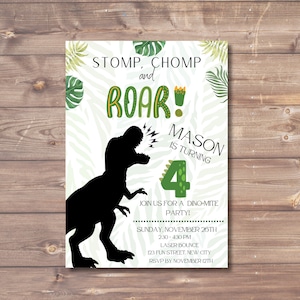 Dinosaur Birthday Party Invitation, Stomp Chomp and Roar Turning 4 Invite, DinoROAR,  Instant Download, Customizable Invitation