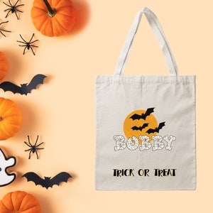 Personalized Halloween Canvas Tote Bags, Trick-or-Treat Bag, Bats, Mummy Name, Spider and Spider Web Halloween Bag, Halloween Gift Bags