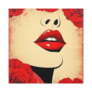 Bold Lips Canvas Wall Art, Glamorous Decor for Beauty Lovers, Chic Home Accent, Gift for Her, Modern Art Print, Floral Design