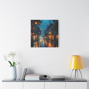 Serene Cityscape Wall Art, Rainy Nights Decor, Canvas Art Print, Home Decor, Gift for Art Lovers, Cozy Atmosphere
