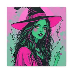 Whimsical Witch Art Canvas Print, Magical Wall Decor, Halloween Decor, Gift for Witches, Green Pink Artwork, Witchy Home Decor