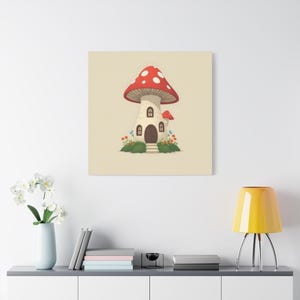 Whimsical Mushroom House Canvas Art, Fantasy Decor, Home Wall Art, Kids Room Decor, Playroom Decoration, Gift for Nature Lovers