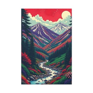 Vibrant Mountain Landscape Canvas Art, Nature Wall Decor, Bohemian Home Aesthetic, Colorful Wall Hanging, Gift for Nature Lovers