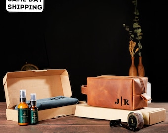 Personalized Leather Toiletry Bag: Monogrammed Mens Travel Dopp Kit, Handmade Grooming Organizer