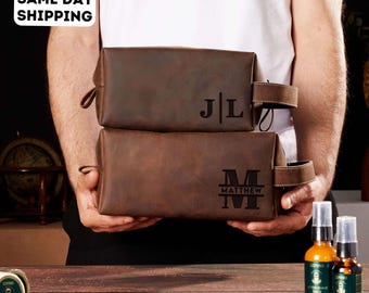 Personalized Leather Toiletry Bag for Men: Engraved Dopp Kit, Travel Grooming Organizer, Groomsmen Dopp Kit