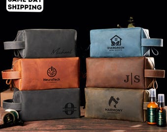 Custom Logo Leather Dopp Kit: Bulk Corporate Order, Personalized Toiletry Bag for Men, Engraved Case