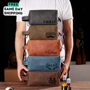 Personalized Leather Toiletry Bag for Men Gift: Handmade Travel Dopp Kit