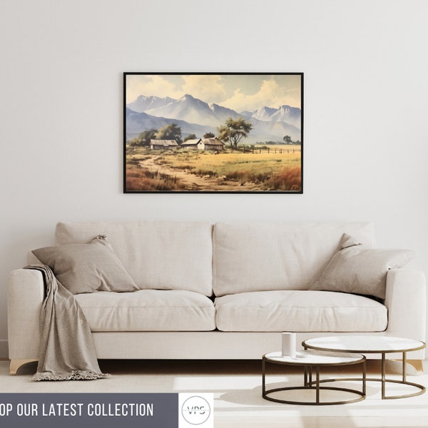 Rural Beauty: Vintage Farmhouse Nestled Against Majestic Mountain Scenery - Digital Print