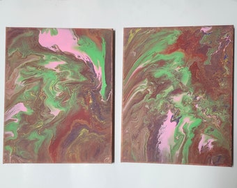 Abstrakt diptykmålning, modern rosa grön väggkonst, 11x14, set om 2