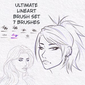 Peut inclure: Un ensemble de pinceaux numériques intitulé ULTIMATE LINEART BRUSH SET 7 BRUSHES, présentant sept échantillons de traits noirs distincts, dont un avec un dégradé violet, et deux croquis de têtes de personnages aux contours sombres sur fond blanc.