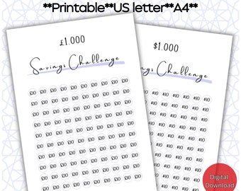 Savings Challenge Printable, Save 1000 Pounds or Dollars, Savings Tracker, Digital Download
