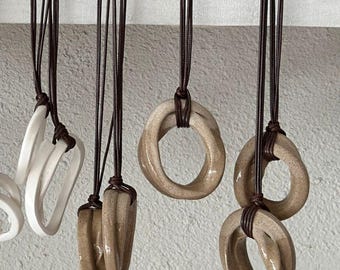 Handmade Ceramic Necklace, Stoneware Pendant on Faux Leather Cord