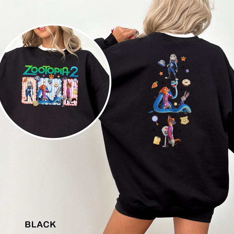 A black sweatshirt with a colorful graphic of cartoon characters from the movie Zootopia on the back.