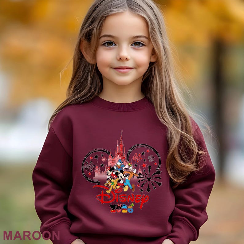 A young girl with long blonde hair is wearing a maroon sweater with a Disney-themed design.