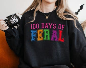 Sudadera "100 días de Feral", sudadera con capucha "Feliz 100 días de clases", sudadera con capucha "Celebración del 100.º día de clases", sudadera con cuello redondo para estudiantes, maestros y estudiantes 134427