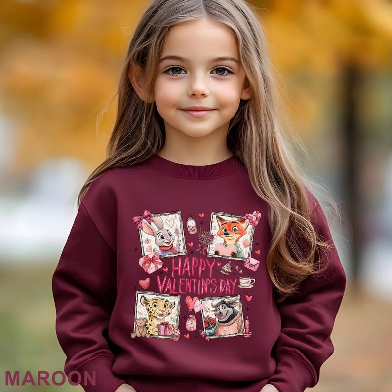 A young girl wearing a maroon sweater with a graphic design featuring cartoon animal characters and the text "Happy Valentine's Day".