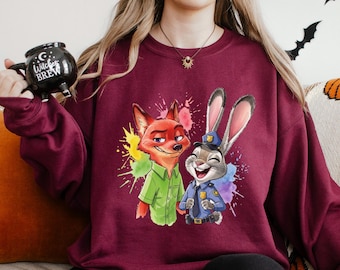 Disney Zootopia Characters Sweatshirt, Nick Wilde Judy Hopps Sweatshirt, Disney Family Trip Hoodie, Zootopia Watercolor Crewneck 134171