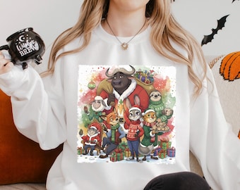 Zootopia Christmas Watercolor Sweatshirt, Zootopia Characters Christmas Hoodie, Disney Zootopia Christmas Party Crewneck 134165