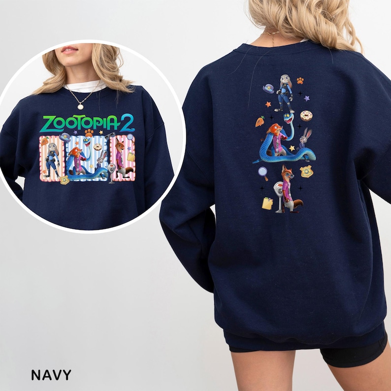 Navy sweatshirt with a colorful graphic design featuring cartoon characters and various other elements.