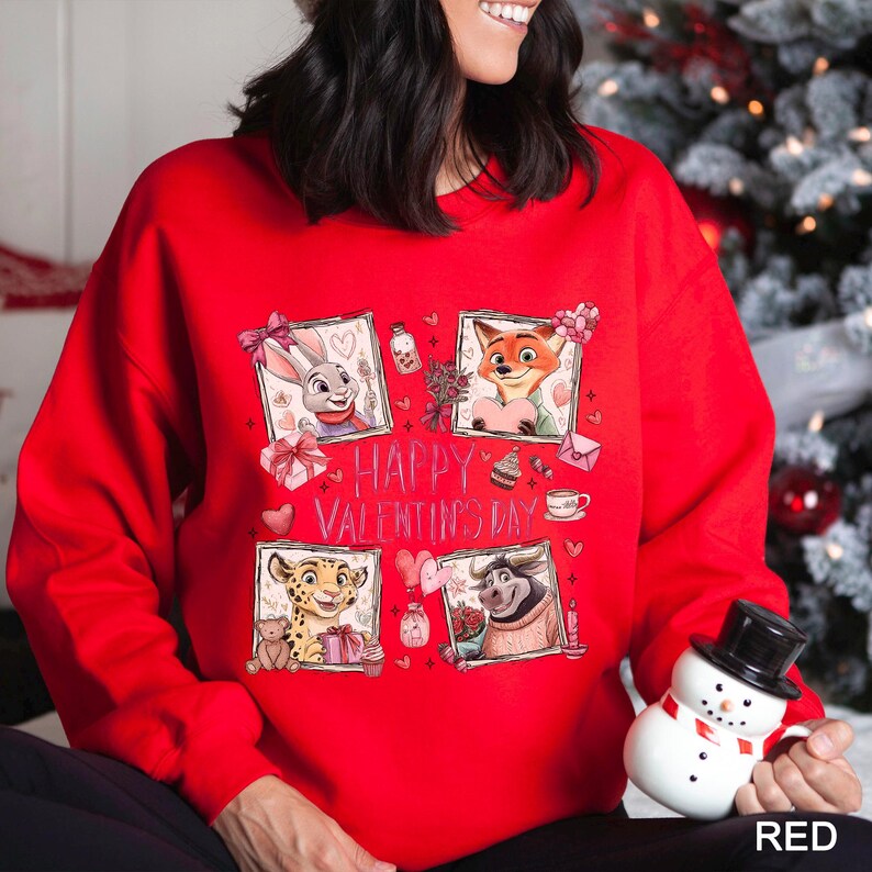 A woman wearing a red sweater with a Valentine's Day design, including illustrations of cartoon animals and the text "Happy Valentine's Day".