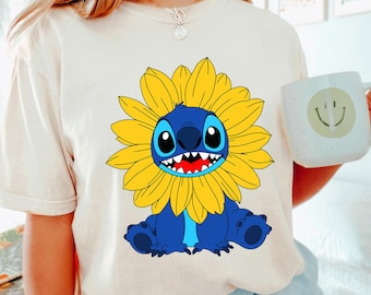 Stitch Sunflower Shirt, Comfort Colors, Disney Stitch Shirt, Disney Family Trip Shirt, Sunflower Shirt, Disney Stitch Floral Shirt, 133548