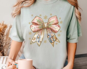 Camisa con lazo navideño de Jesús, colores cómodos, camisa cristiana navideña, camisa con escena de la Natividad, camisa religiosa con brillo falso 134286