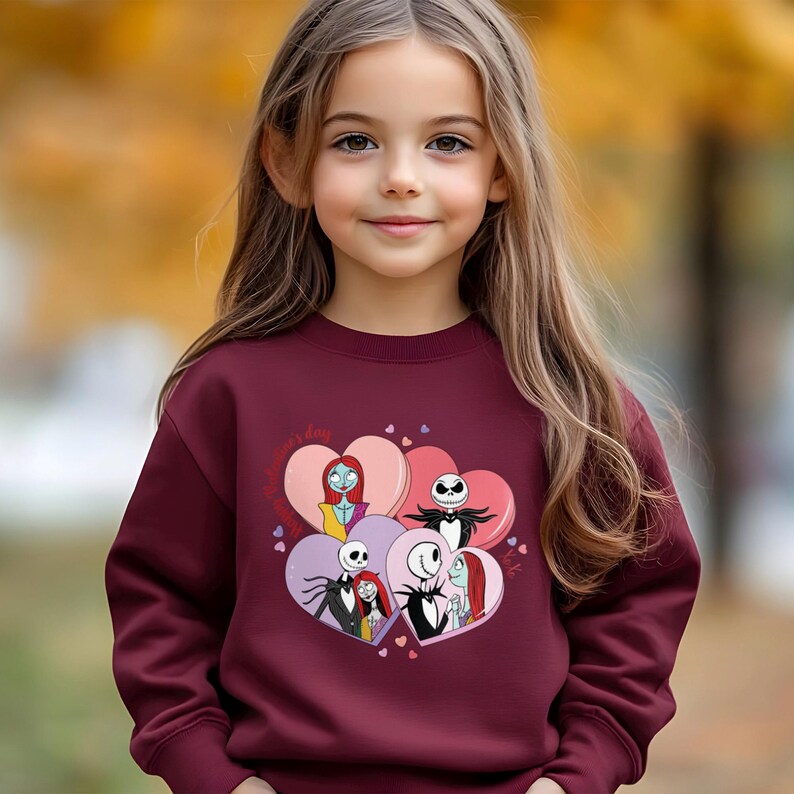 A young girl wearing a burgundy sweater with a graphic of characters from the movie " Nightmare Before Christmas" and hearts around them.