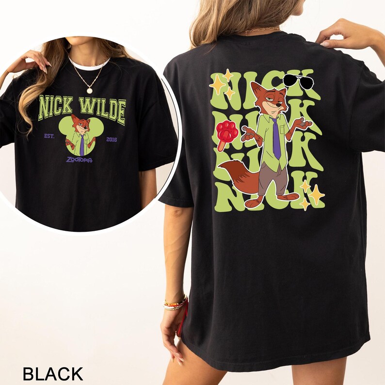 A black t-shirt with a graphic of a cartoon fox character and text related to Nick Wilde, a popular cartoon character.