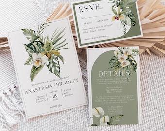 Unique Tropical Wedding Invitation Template Set Watercolor Monstera Invite Floral Party Announcement DIY Boho Card Printable Custom ANA