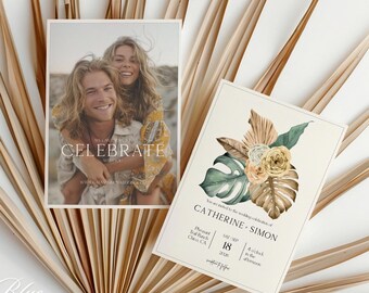 Unique Tropical  Wedding Invitation Template Palm Wedding Printable Invite DIY Boho Wedding Announcement Printable Customizable CATHERINE