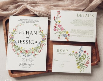 Unique Spring Wedding Invitation Template Suite Classic Wedding Invitation Set Printable Modern Script Floral Wreath Wedding Invite JESSICA