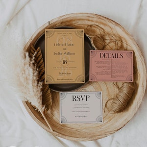 May include: A set of wedding invitation cards in a vintage art deco style. The cards are in shades of gold, pink, and white, with black text. The invitation includes the names Helena Elaine and Keller William, and the date September 18.