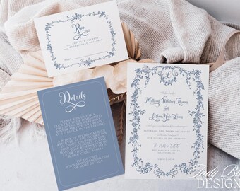 Unique French Toile Wedding Invitation Template Suite Classic Vintage Invitation Set Printable Elegant Modern Script Font Invite MILLICENT