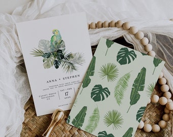 Tropical Wedding Invitation Template, Palm Wedding Printable Invite, Parrot QR Code Palm Leaf Invite, DIY Hawaiian Wedding Invite, Paradise