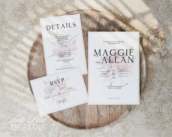 Elegant Photo Wedding Invitation Suite Classic Modern Engagement Announcement Save The Date DIY Floral Card Custom Template Digital MAGGIE