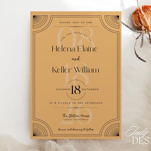 May include: A wedding invitation with a gold background and black art deco style border. The invitation includes the names Helena Elaine and Keller William, the date, time, and location. The text "Indy Blue Designs" is in the bottom right corner.