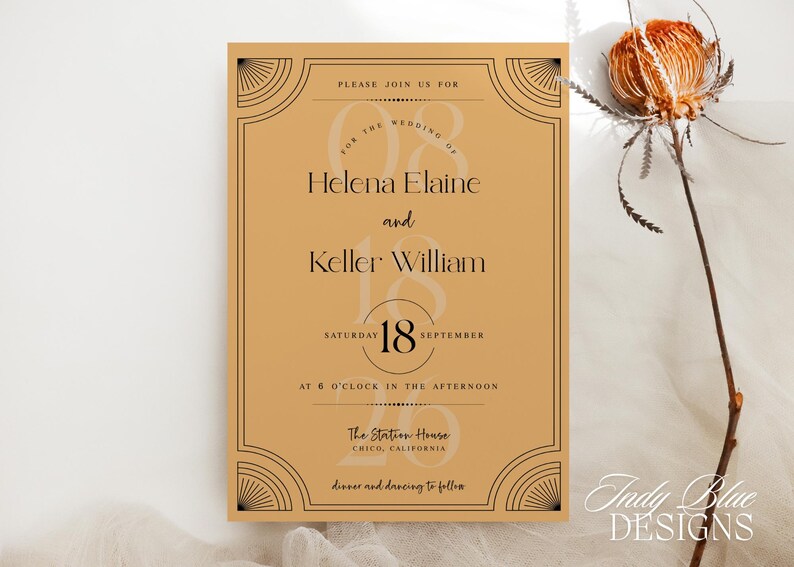 May include: A wedding invitation with a gold background and black art deco style border. The invitation includes the names Helena Elaine and Keller William, the date, time, and location. The text "Indy Blue Designs" is in the bottom right corner.