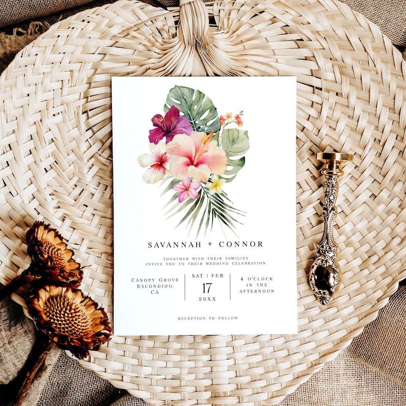 Tropical Wedding Invitation Template, Hibiscus Wedding Printable Invite, QR Code Palm Leaf Invite, DIY Hawaiian Wedding Invite, Paradise image 2