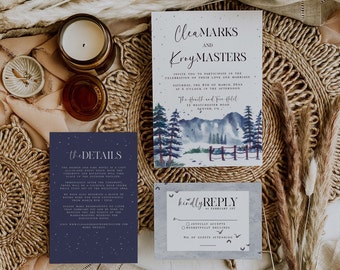 Wedding Invitation Template Suite - DIY. Wedding Invite. Wedding Invitation. Blue Mountain. Navy. Pine Trees. Rustic Wedding Invitation.
