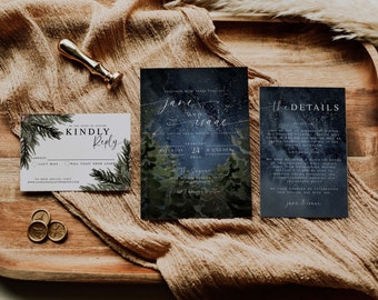 Wedding Invitation Template Suite - DIY. Wedding Invite. Wedding Invitation.  Starry Night. Navy Blue. Watercolor. Pine Trees.